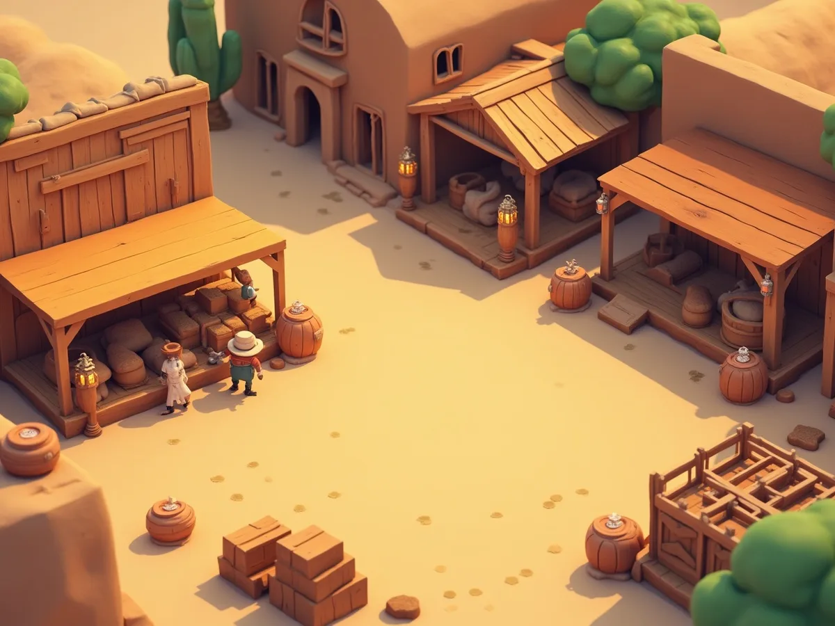 Market Frontier trading square with stalls, crates and lanterns